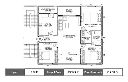 CCI Rivali Park Moonrise 3 BHK floor plan, 1338 sq ft carpet area