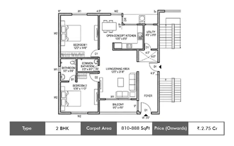 CCI Rivali Park Moonrise 2 BHK floor plan, 810 sq ft carpet area